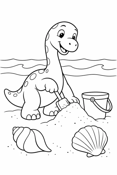 A young dinosaur plays in the sand with a bucket, spade and shells.
