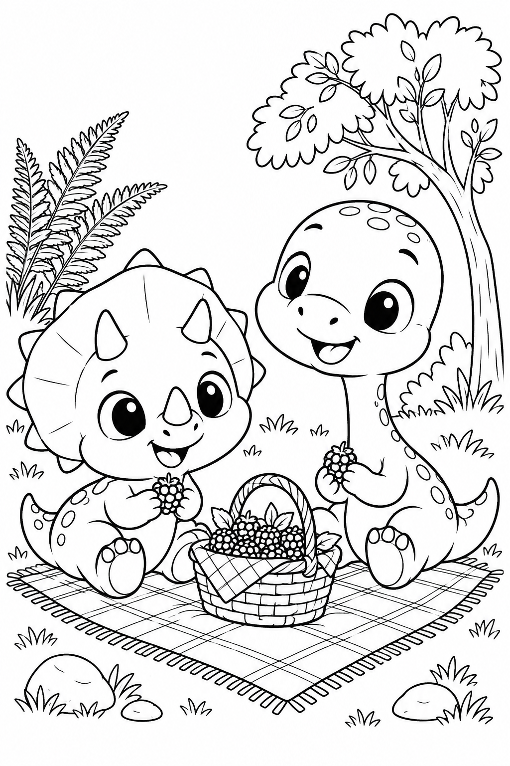 Two little dinosaurs share a berry picnic on a blanket.