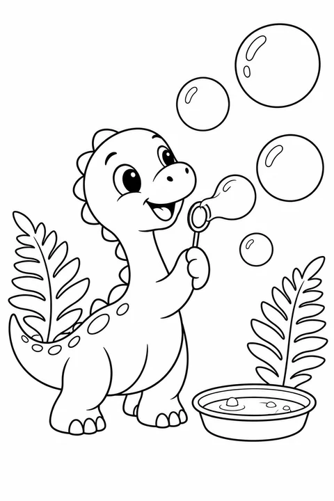 A little dinosaur makes soap bubbles beside a bowl and fern leaves.