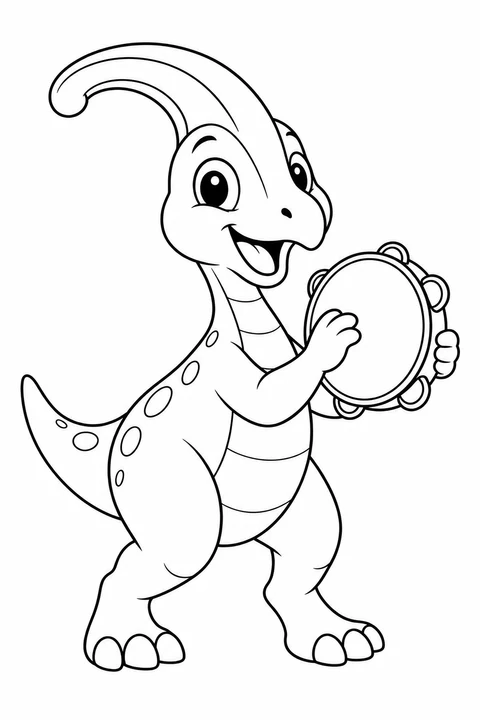 A friendly crested dinosaur holds a broad tambourine.