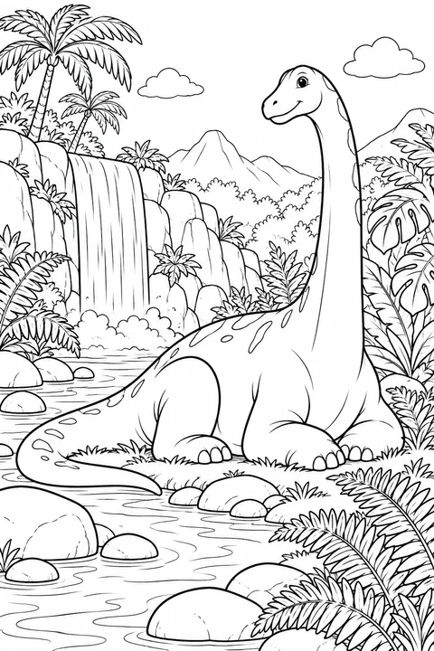 A gentle dinosaur rests near a waterfall, ferns and smooth stones.
