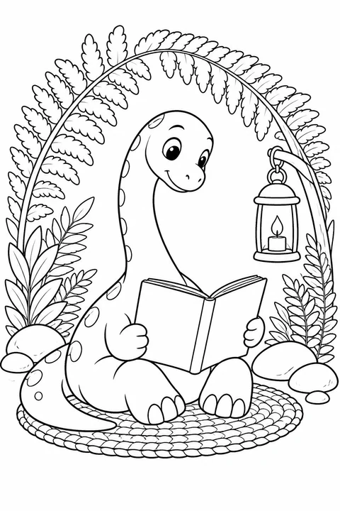 A gentle long-necked dinosaur reads in a quiet fern nook with a mat and lantern.