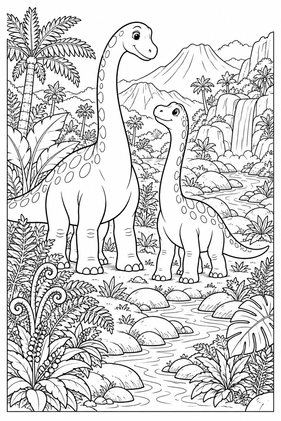 Two long-neck dinosaurs explore a lush valley with ferns and a stream.