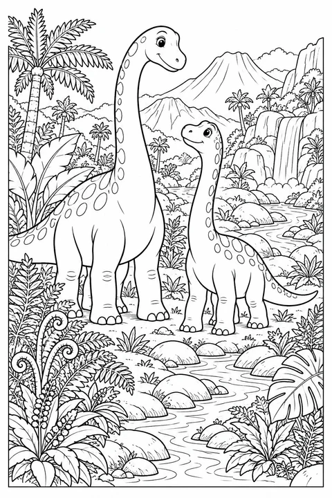 Two long-neck dinosaurs explore a lush valley with ferns and a stream.