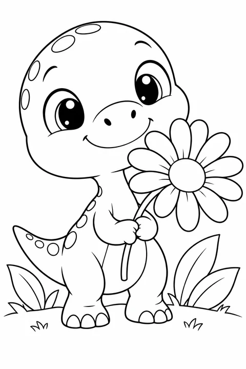 A little dinosaur holds a large daisy.