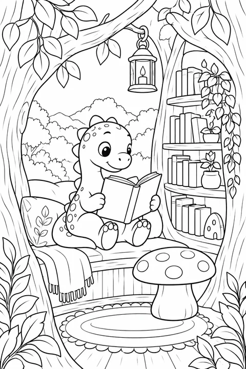 A friendly dinosaur reads beside a woodland bookcase and lantern.