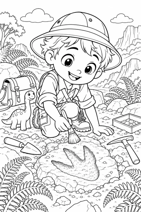 A young explorer brushes a dinosaur footprint in stone at a small dig site.