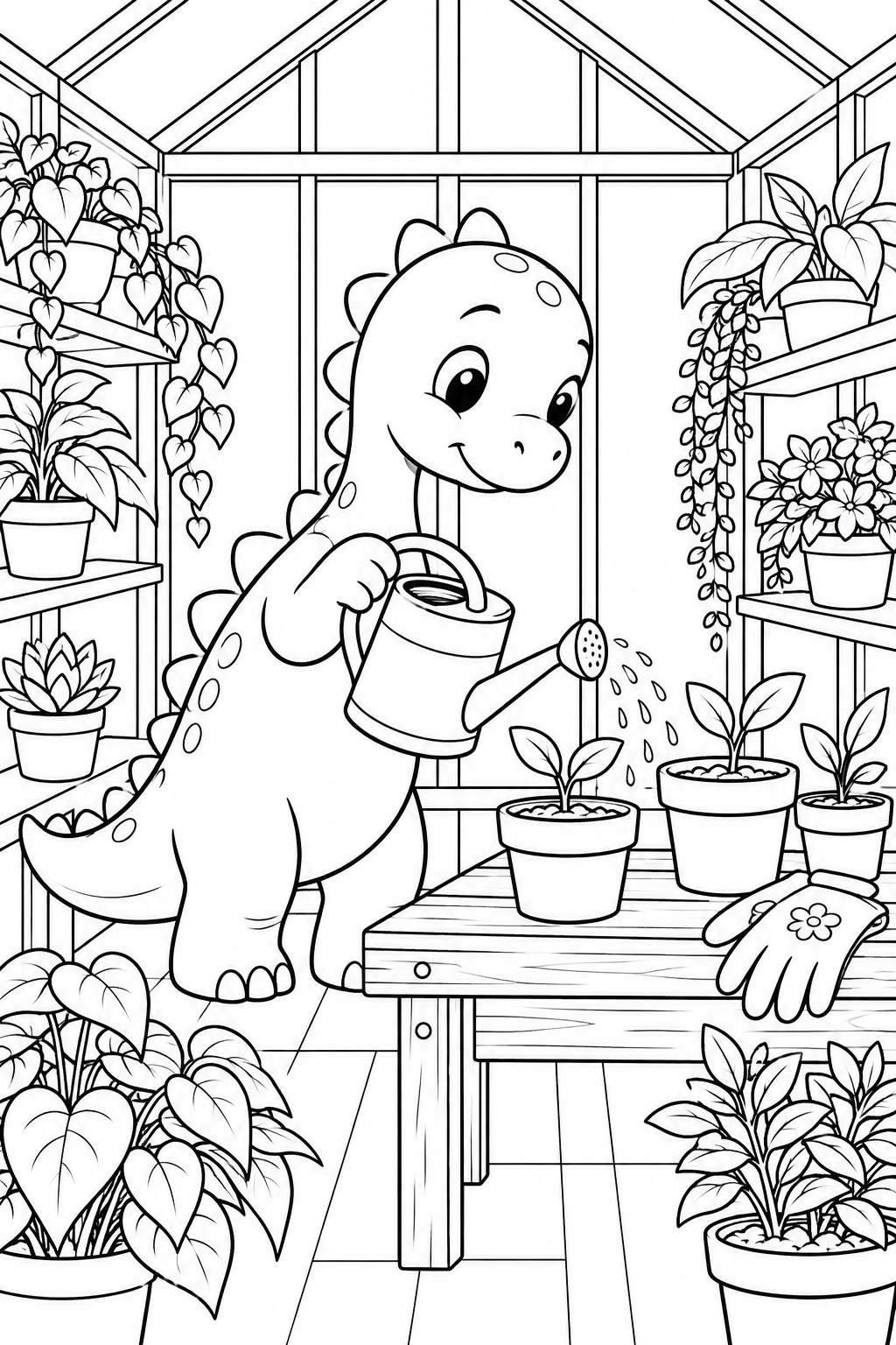 Ein freundlicher Dinosaurier gießt junge Pflanzen zwischen den Regalen im Gewächshaus.