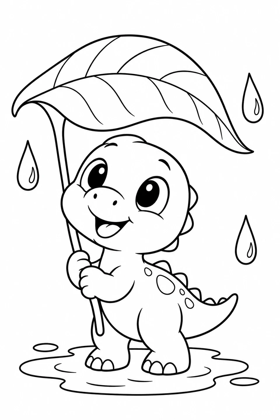 A baby dinosaur shelters from the rain under a large leaf.