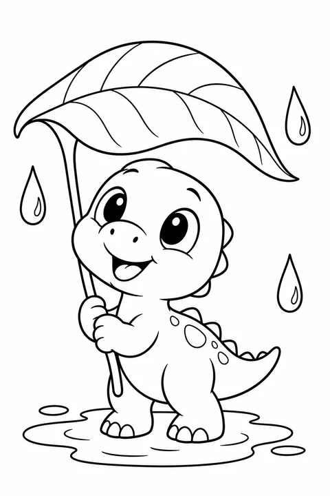 A baby dinosaur shelters from the rain under a large leaf.