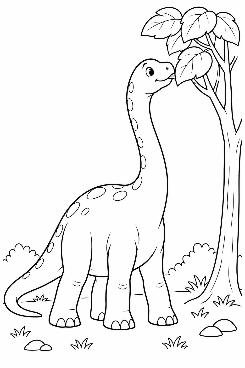 Un dinosauro dal collo lungo si avvicina alle foglie di un albero.