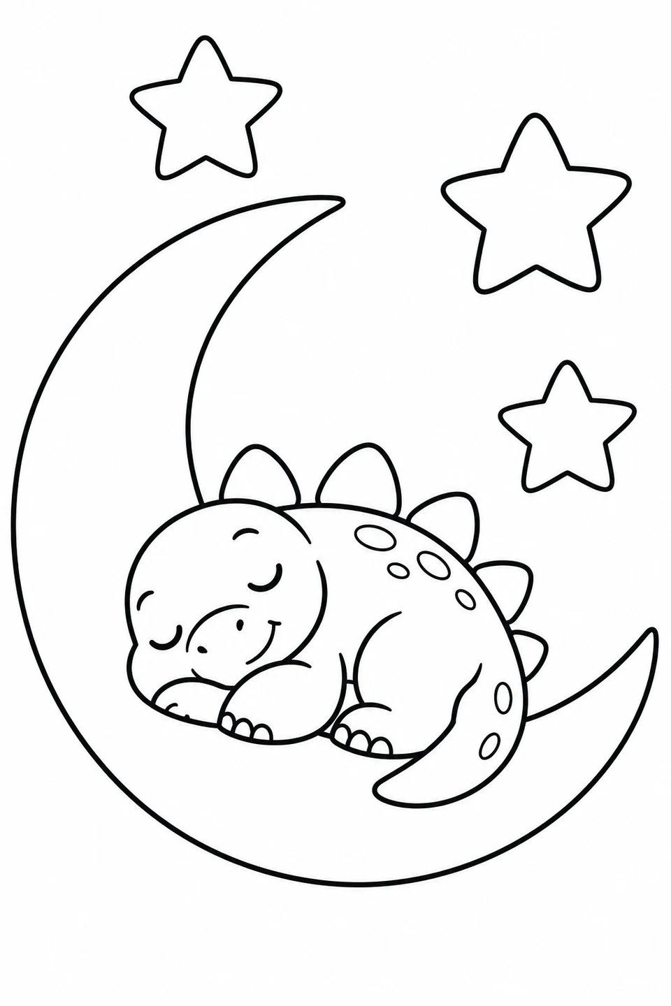 A little dinosaur naps on a crescent moon among stars.