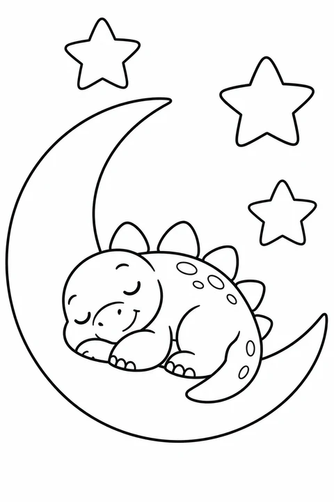 A little dinosaur naps on a crescent moon among stars.