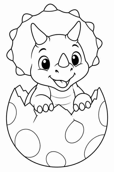 A friendly baby triceratops peeks out of a cracked egg.