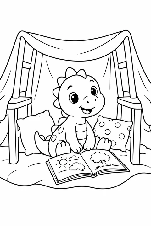 A little dinosaur rests with cushions and a book inside a blanket fort.