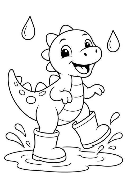A happy baby dinosaur splashes in a shallow puddle wearing big rain boots.
