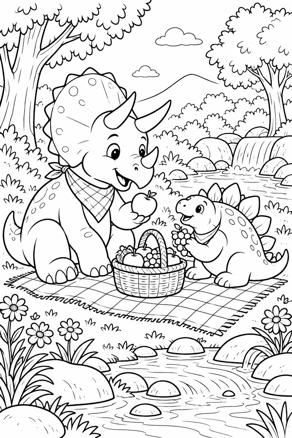 Two friendly dinosaurs share fruit on a picnic blanket beside a stream.