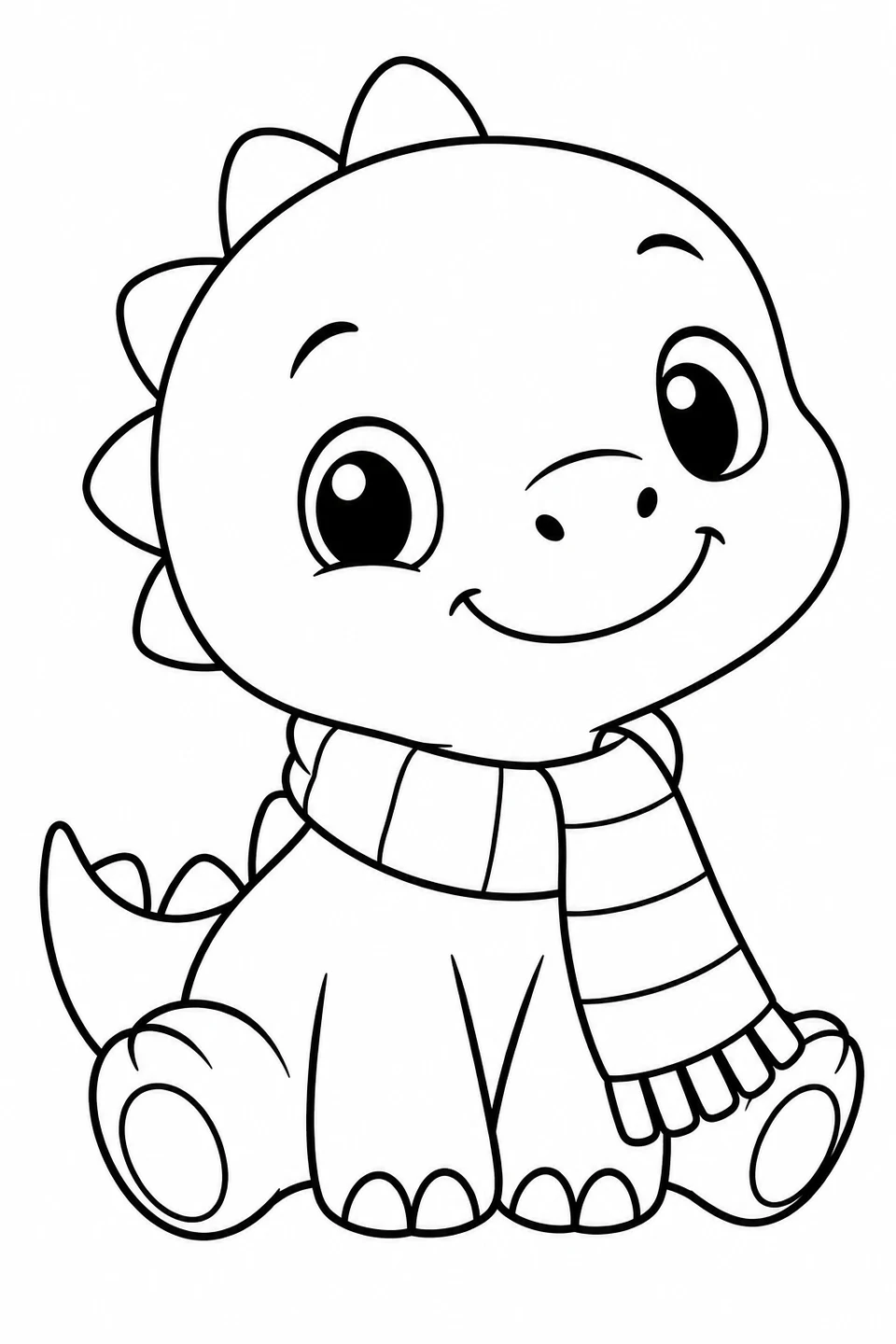 Un cucciolo di dinosauro sorridente indossa una sciarpa a righe.