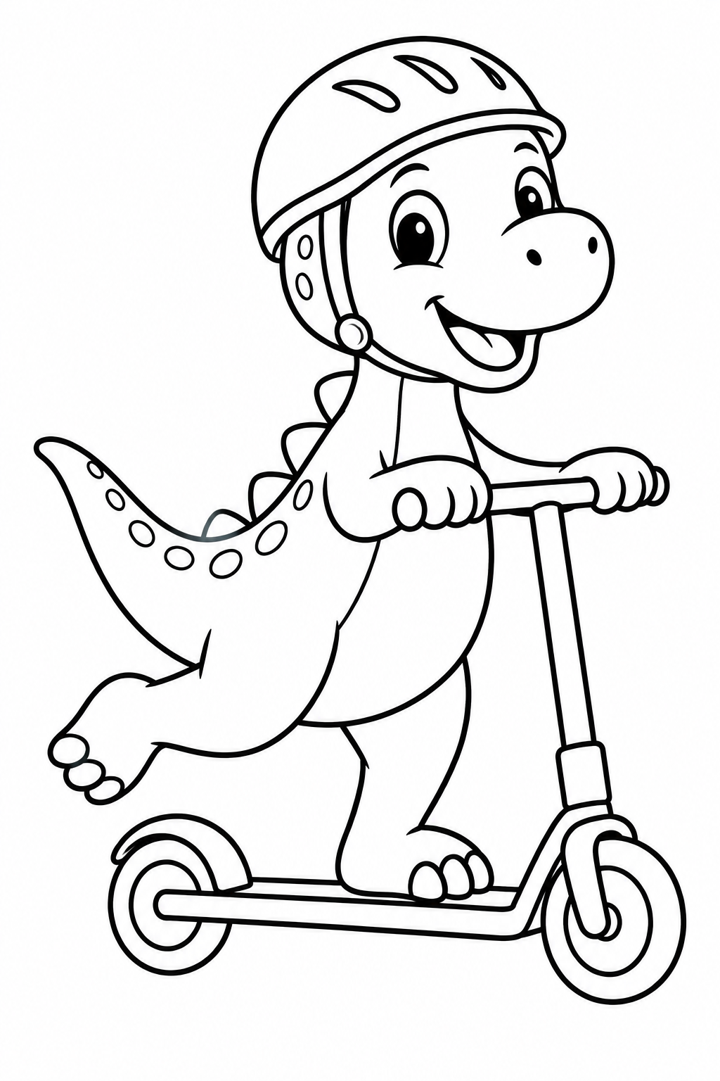 A friendly dinosaur wears a helmet for a scooter ride.