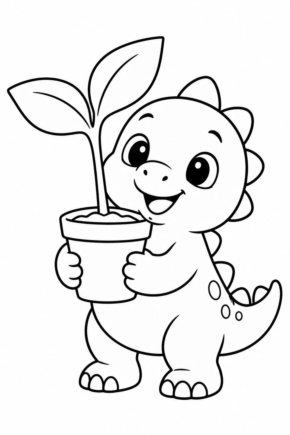 A little dinosaur holds a pot with a young sprout.