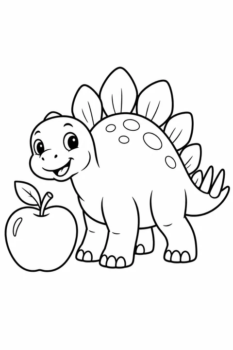 A friendly baby stegosaurus stands beside a large apple.