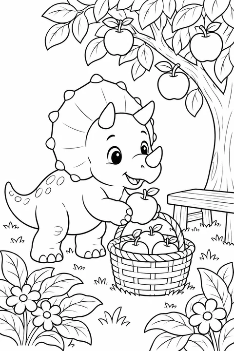 A gentle baby triceratops gathers apples in a basket beneath an orchard tree.
