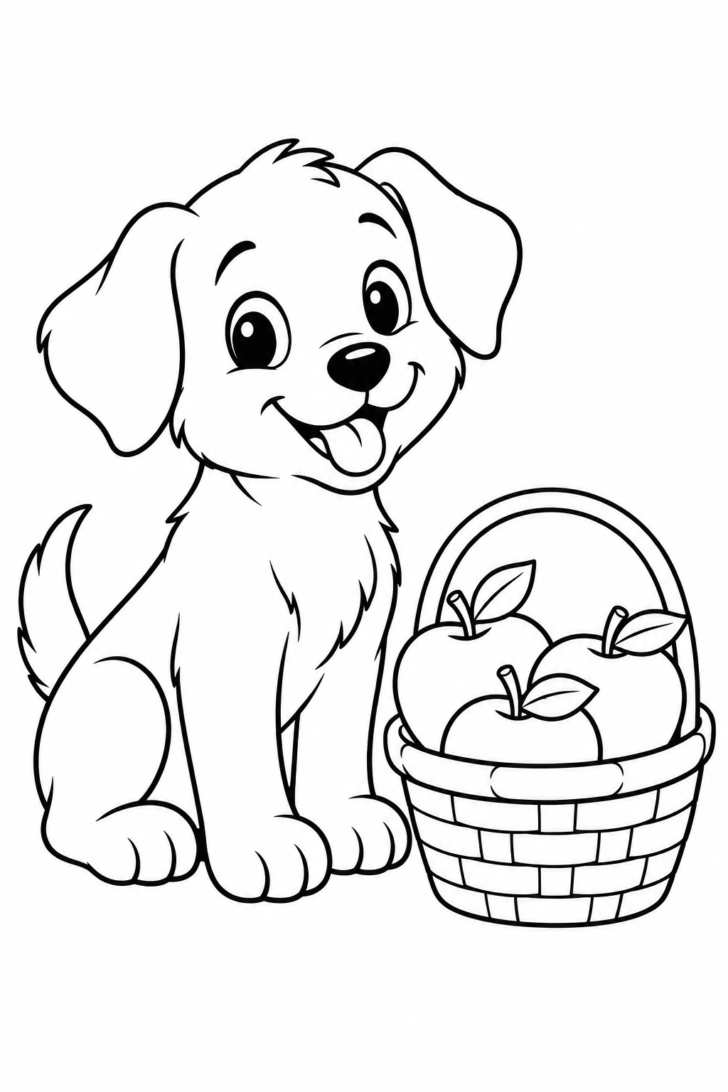 A friendly puppy sits beside a basket of big apples.