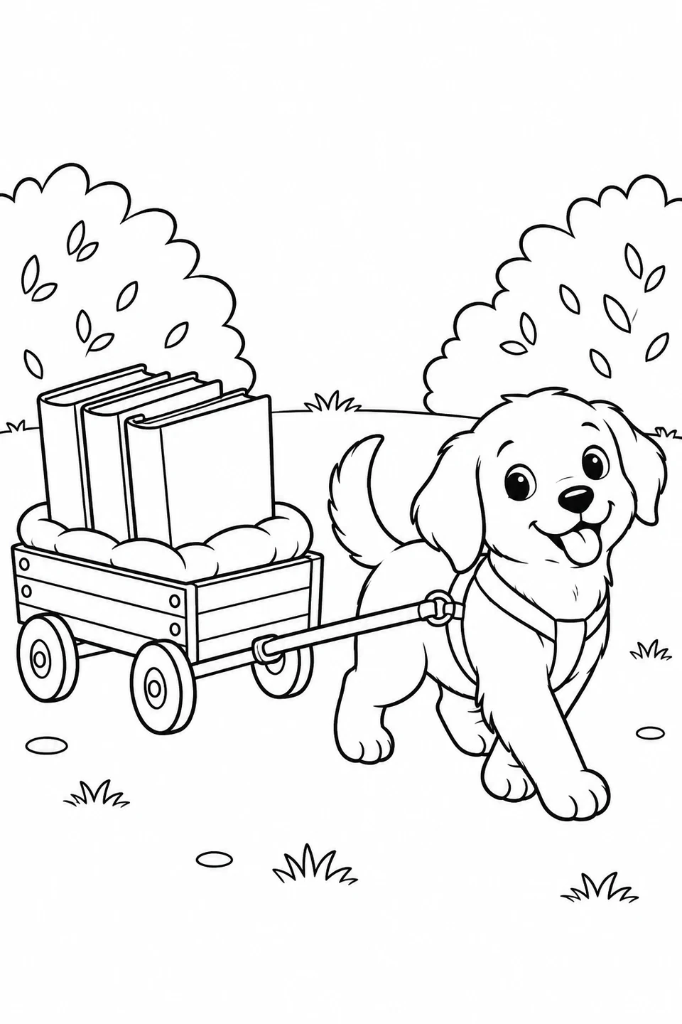 A cheerful puppy pulls a little wagon filled with books and a cushion.