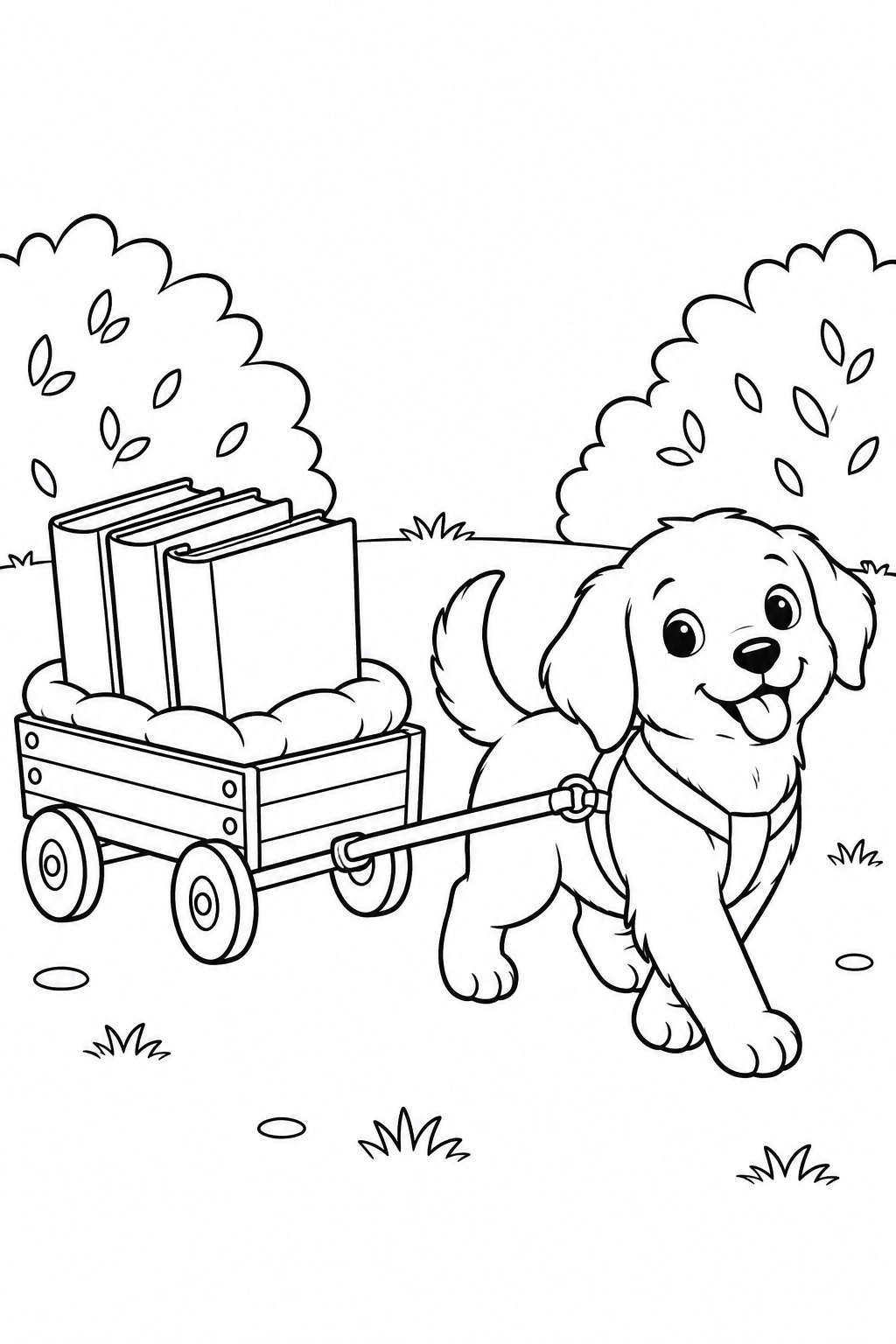 A cheerful puppy pulls a little wagon filled with books and a cushion.