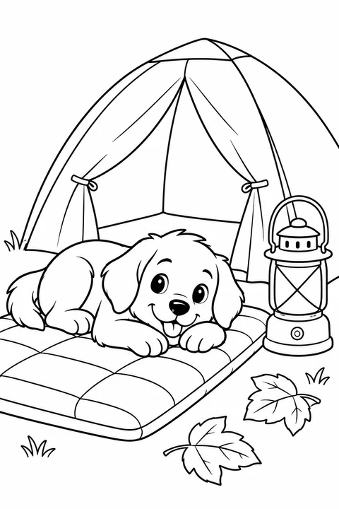 A puppy rests on a mat beside a tent and a camping lantern.