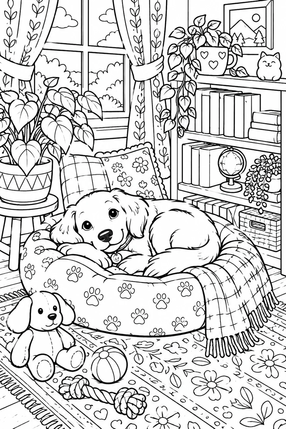 Un chien se repose sur un coussin près de livres, de plantes et d’un tapis à motifs.