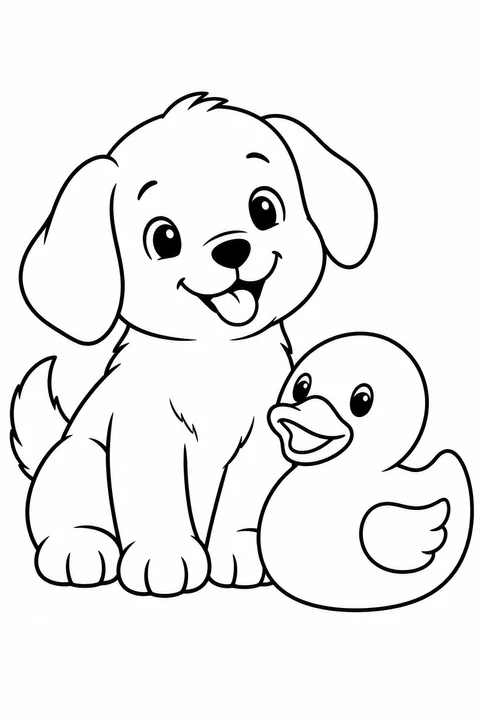 A cheerful puppy sits beside a rubber duck toy.