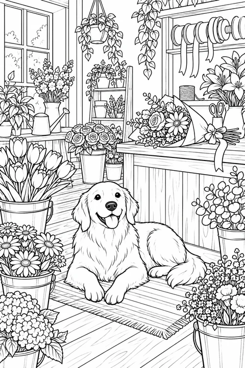 A friendly dog rests among flower buckets, bouquets and ribbons.
