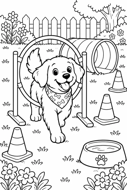 A playful dog explores a garden course with a hoop, tunnel and cones.