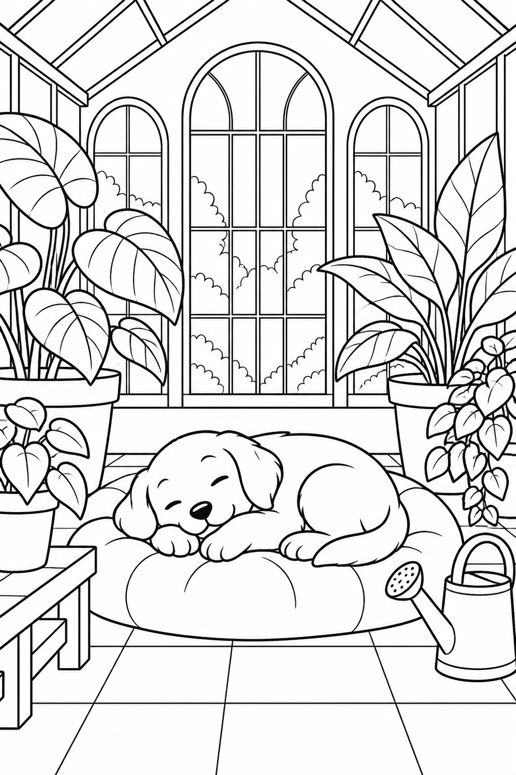 A puppy naps on a cushion among plants in a greenhouse.
