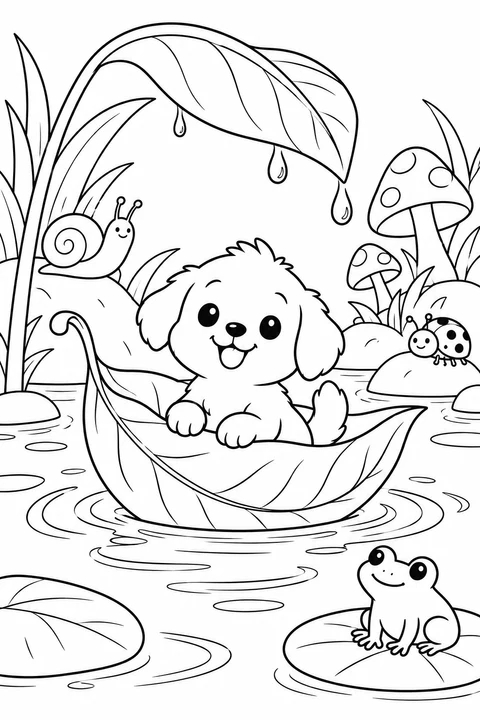 A tiny puppy rides in a leaf boat on gentle puddle ripples.