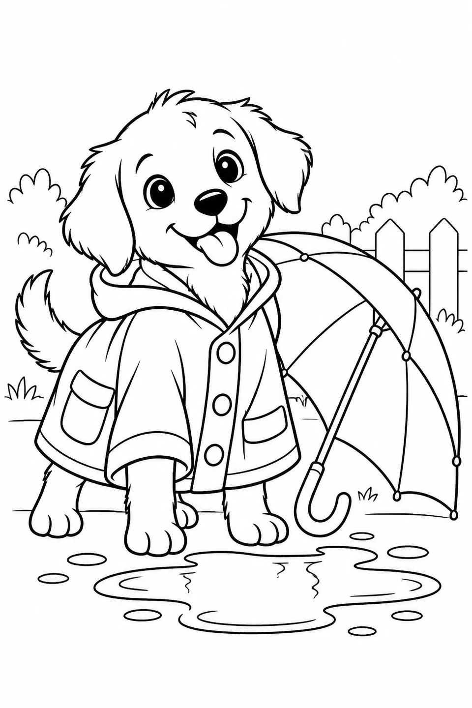 A cheerful puppy wears a raincoat beside a puddle and an umbrella.