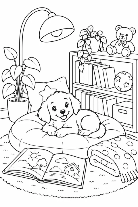 A puppy rests on a cushion beside a low bookshelf, an open book and a folded blanket.