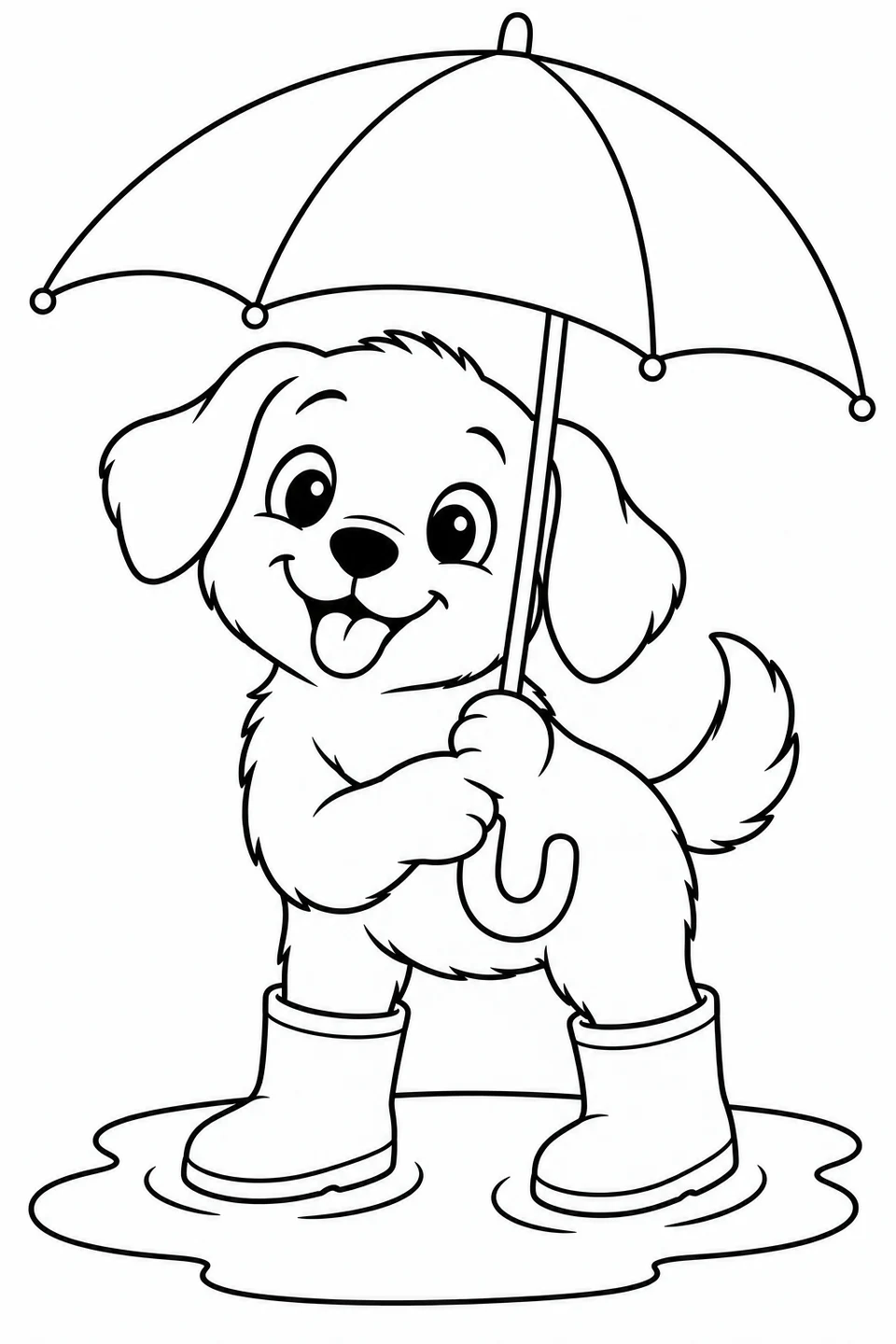 开心的小狗穿着雨靴，在水洼旁撑起雨伞。