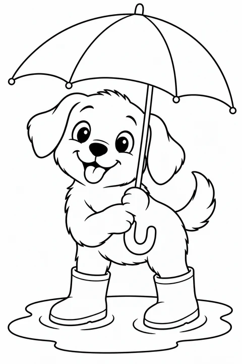 A cheerful puppy carries an umbrella and wears boots beside a puddle.
