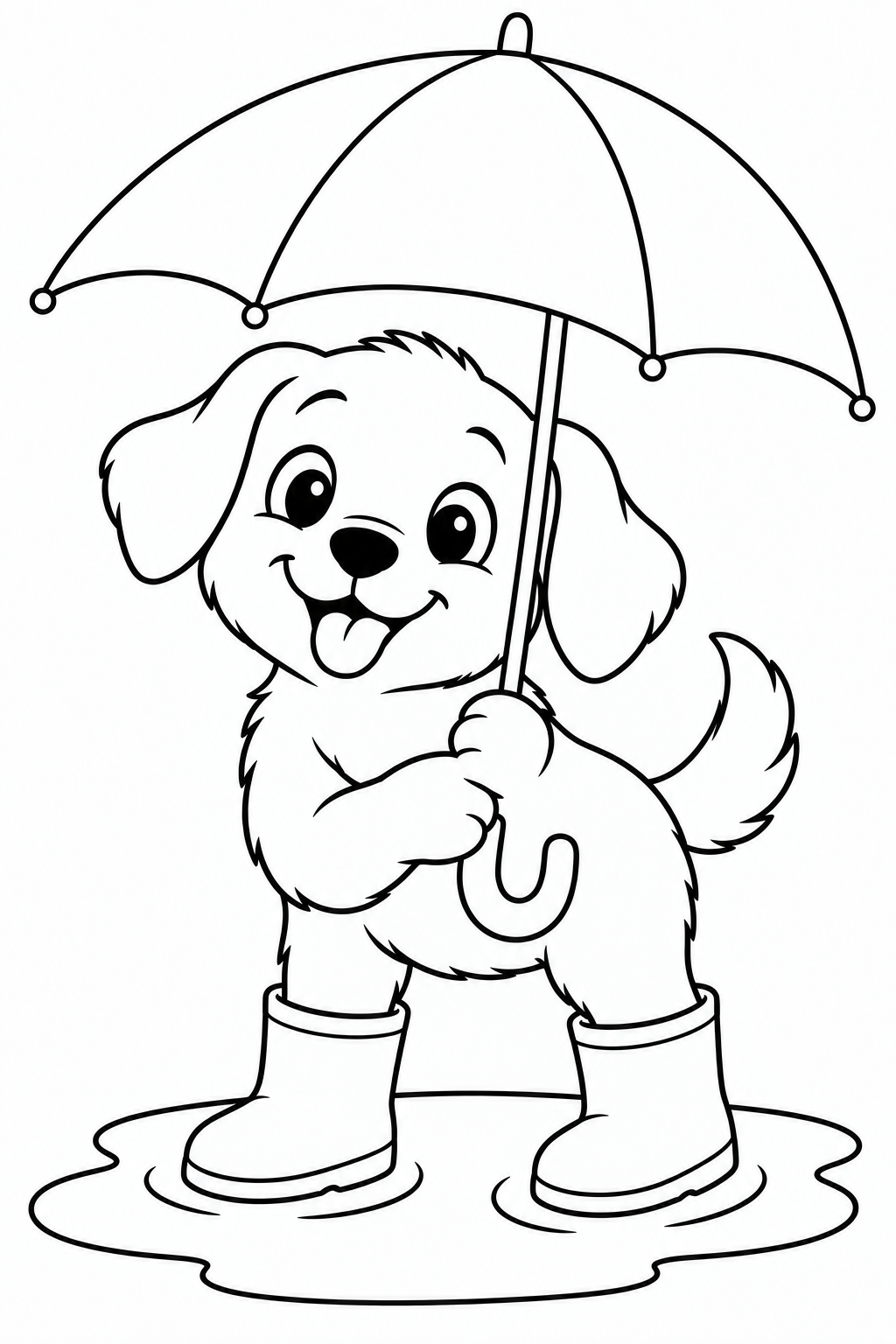 开心的小狗穿着雨靴，在水洼旁撑起雨伞。