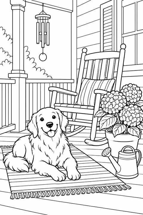 A calm dog rests below a wind chime beside a rocking chair and flowers.