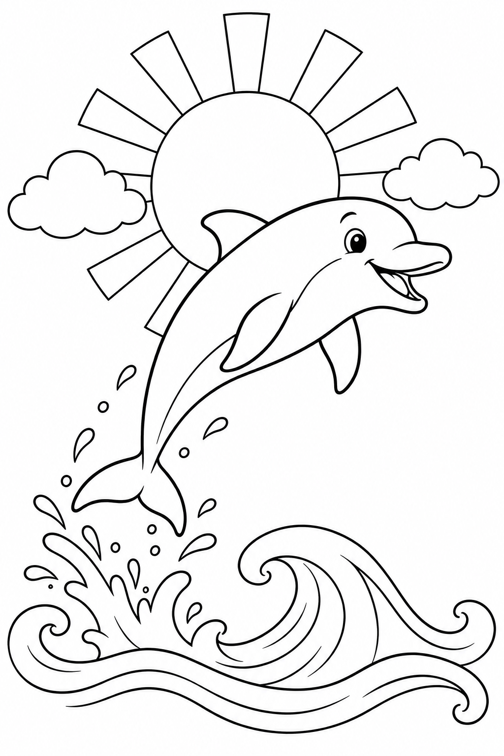 Ein fröhlicher Delfin springt über geschwungene Wellen. Hinter ihm stehen eine große Sonne und zwei Wolken.