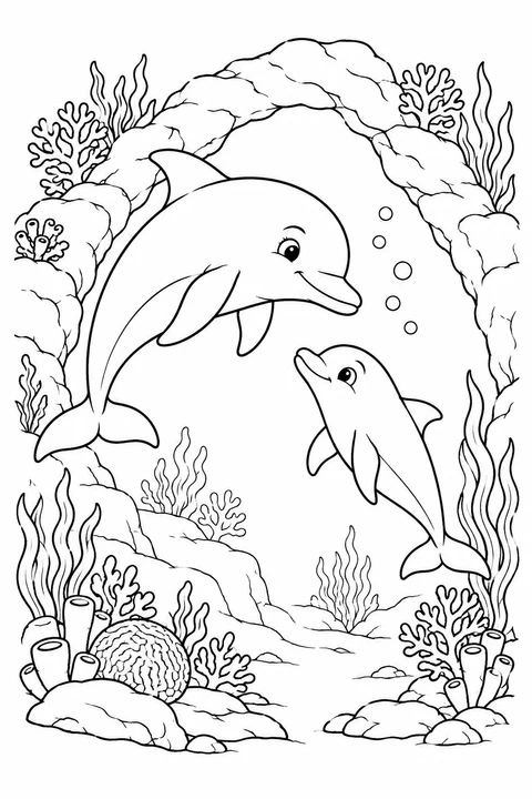 바닷속 식물과 산호로 둘러싸인 바위 아치 아래에서 큰 돌고래와 새끼가 마주 봐요.