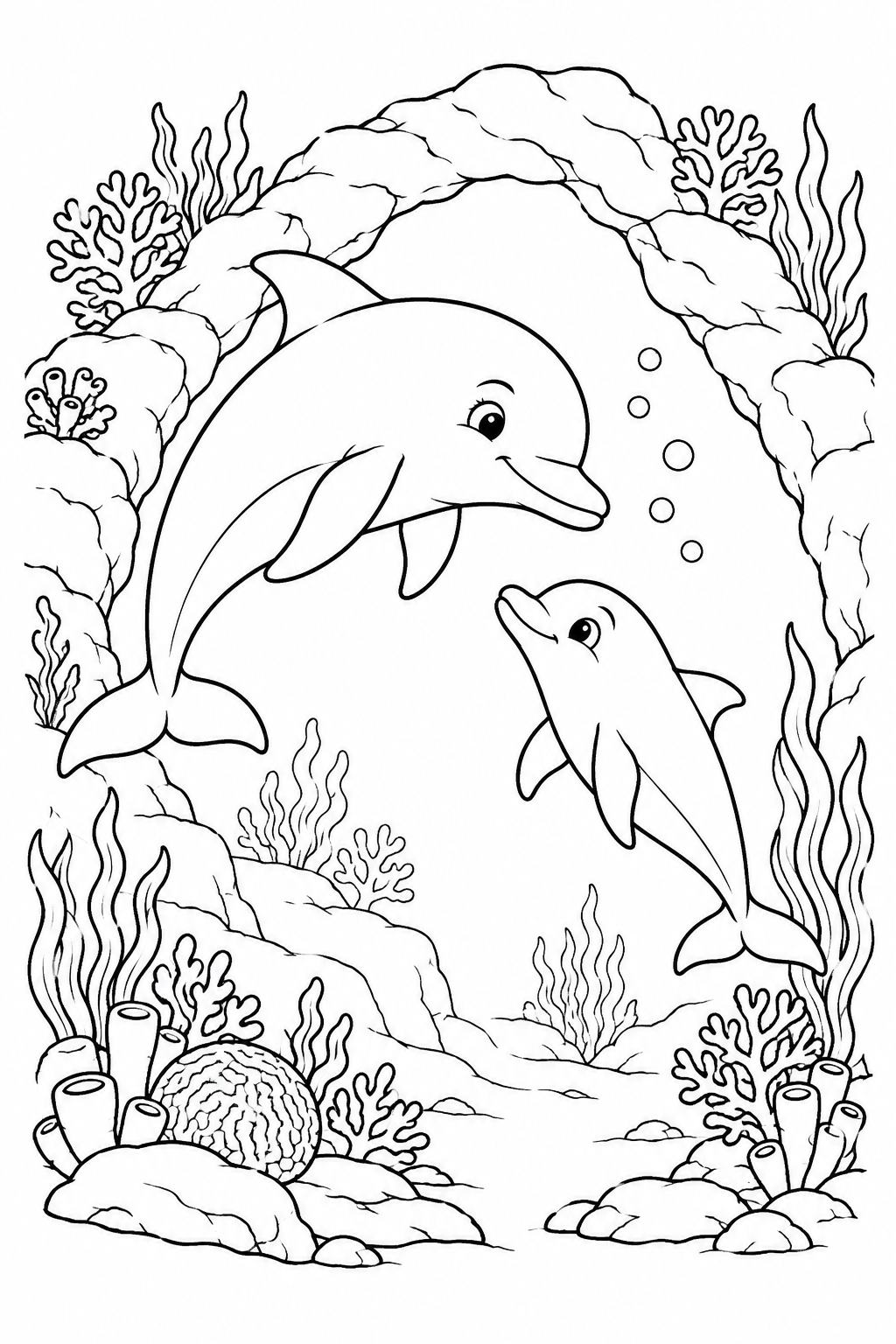 Ein großer Delfin und ein Jungtier schauen sich unter einem Felsenbogen zwischen Meerespflanzen und Korallen an.
