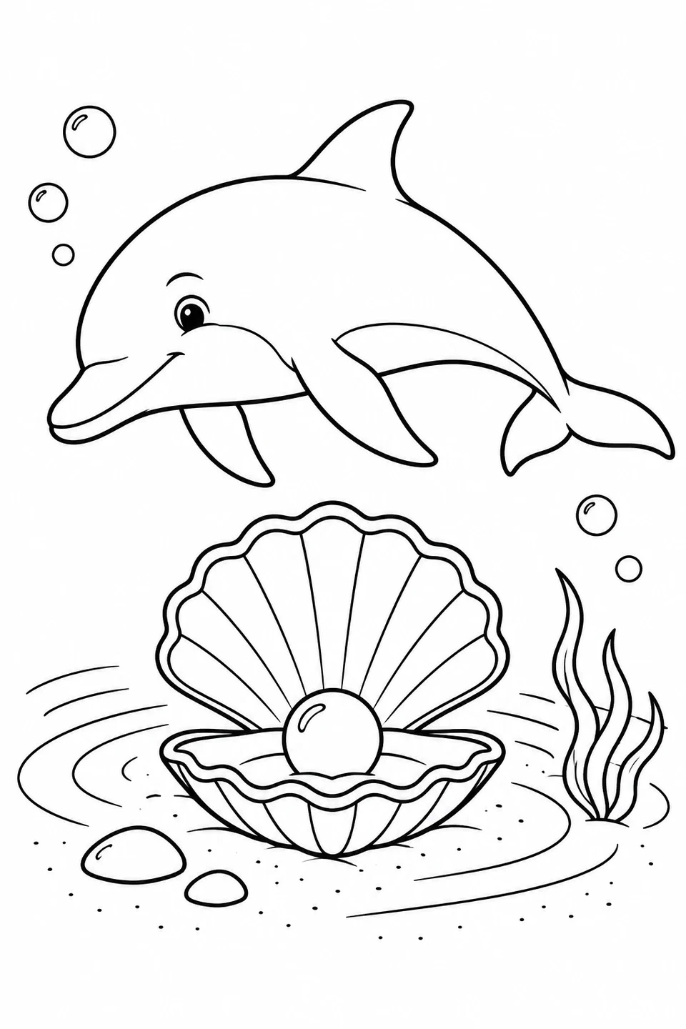 Ein Delfin schwimmt über einer offenen Muschel mit Perle, umgeben von geschwungenen Wasserlinien, Luftblasen und Meerespflanzen.