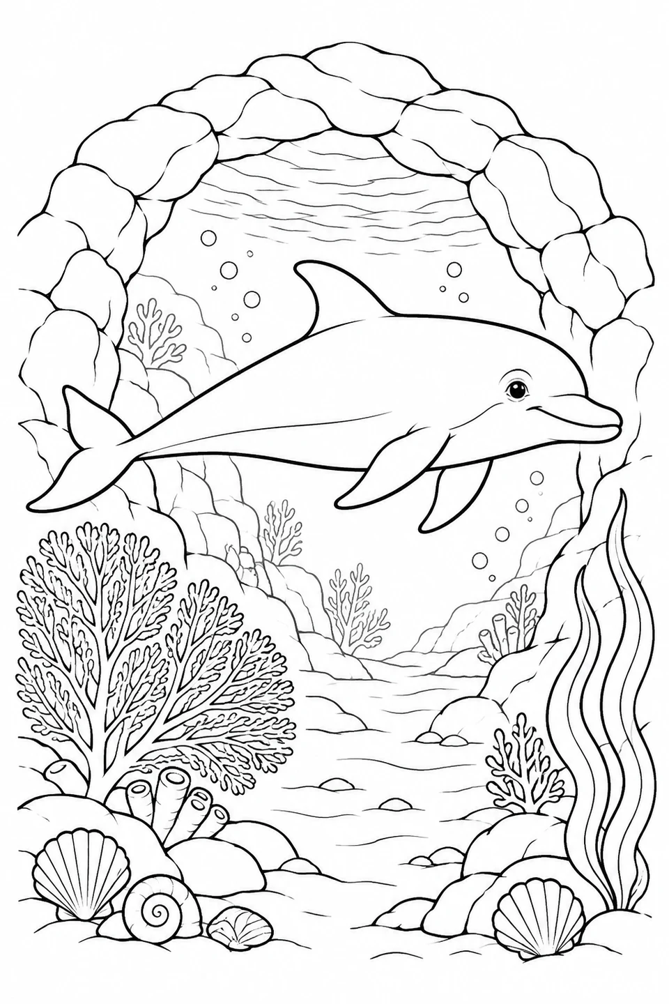 Ein Delfin schwimmt vor einem Felsenbogen. Fächerkorallen, hohe Meerespflanzen und Muscheln stehen im Vordergrund.