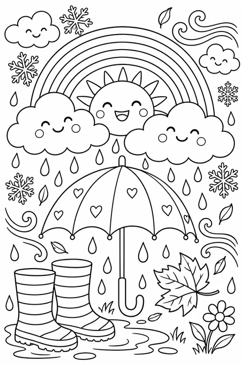 A rainbow, smiling sun and clouds fill a weather collage with an umbrella, boots, raindrops, snowflakes and leaves.