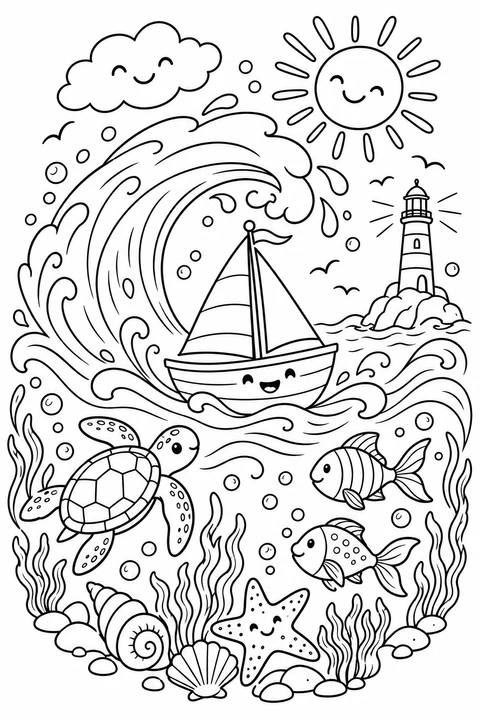 A smiling sailboat rides a curling wave above a turtle, fish, shells and a starfish, with a lighthouse nearby.