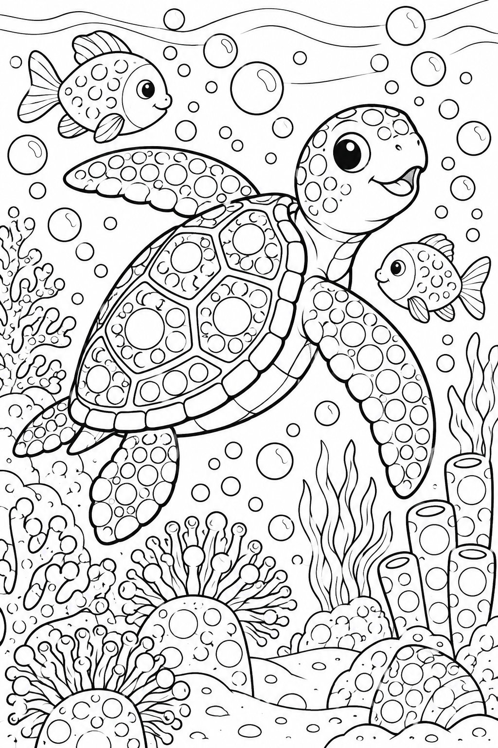 Turtle with circle patterns, two fish and bubbles above a detailed seabed.